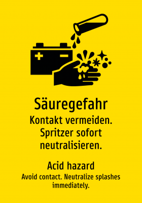 Säuregefahr - Kontakt vermeiden. Spritzer sofort neutralisieren.