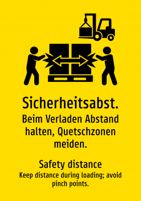 Sicherheitsabst. - Beim Verladen Abstand halten, Quetschzonen meiden.