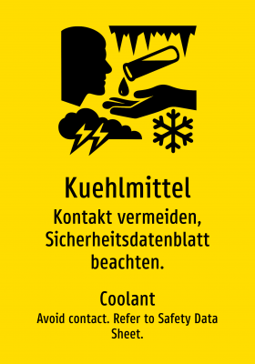 Kuehlmittel - Kontakt vermeiden, Sicherheitsdatenblatt beachten.