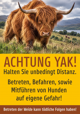 ACHTUNG YAK! Halten Sie unbedingt Distanz. Betreten, Befahren, sowie Mitführen von Hunden auf eigene Gefahr! Betreten der Weide kann tödliche Folgen haben!