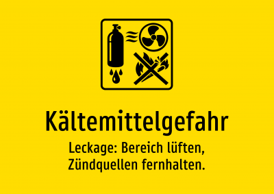 Kältemittelgefahr - Leckage: Bereich lüften, Zündquellen fernhalten.