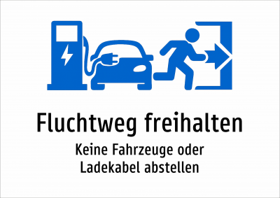 Fluchtweg freihalten - Keine Fahrzeuge oder Ladekabel abstellen