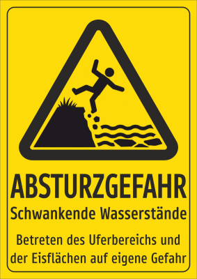 Absturzgefahr - Schwankende Wasserstände - Betreten des Uferbereiches und der Eisflächen auf eigene Gefahr