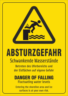 Absturzgefahr - Schwankende Wasserstände - Betreten des Uferbereiches und der Eisflächen auf eigene Gefahr