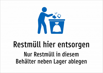 Restmüll hier entsorgen - Nur Restmüll in diesem Behälter neben Lager ablegen